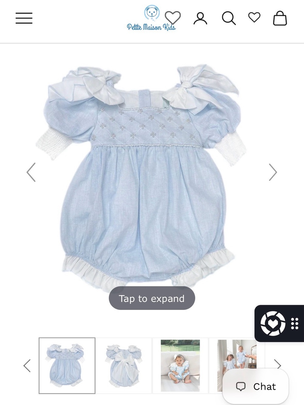 Petite Maison charlotte baby Blue Puff-Sleeve Baby Bubble linen romper 12M